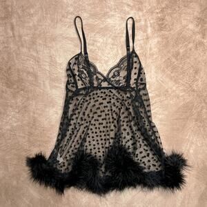 Shirley of Hollywood Babydoll Lingerie Top Black Fuzzy Trim Sheer Mesh Polka Dot